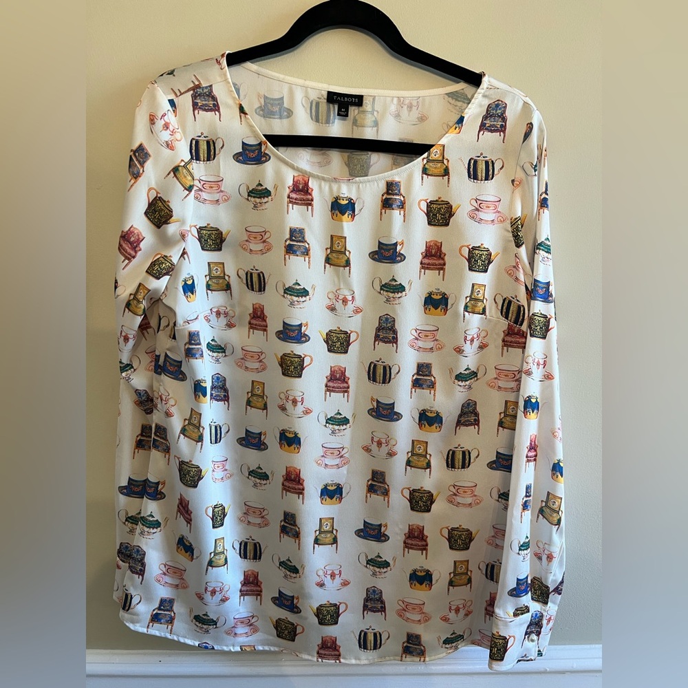 Talbots Multicolor Teacup and Chair Print Blouse